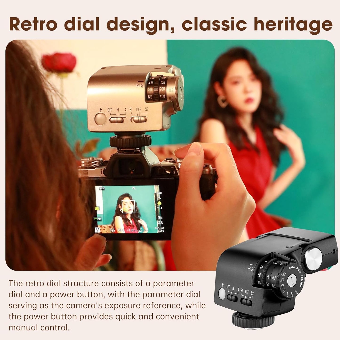 Hi5 Retro Camera Flash with Adjustable Head & Built-in 2500mAh Li-ion Battery, GN16 6000K±200K, S1/S2 Modes, for Sony/Canon/Nikon/Fuji/Olympus Hot Shoe Cameras for Beginners