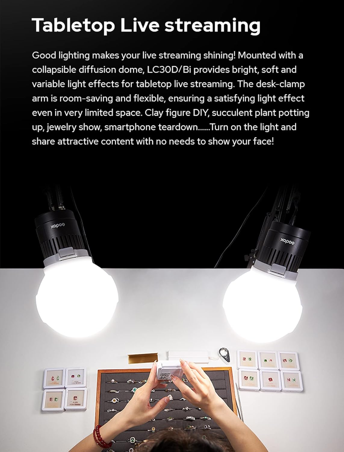Godox LC30Bi 3200K-5600K Bi-Color Litemons Tabletop LED Light,25200LUX@0.5m, CRI 95+/TLCl 96+, 11 Preset Lighting FX Effects