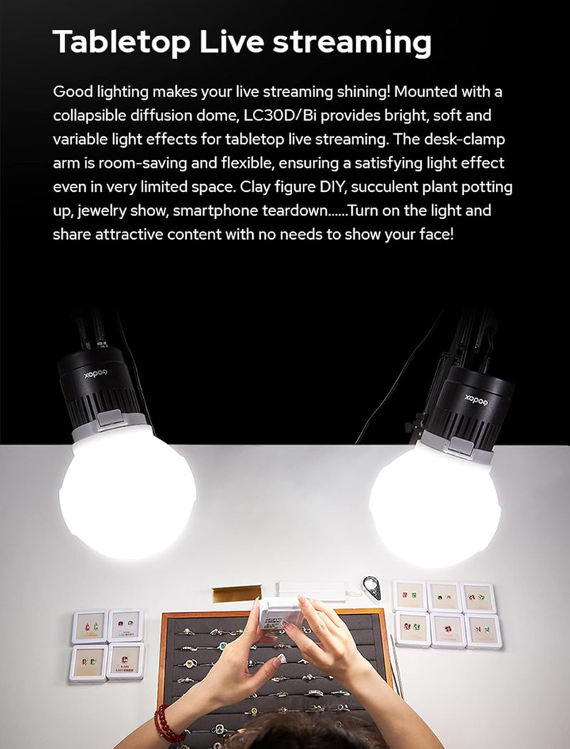 Godox LC30Bi 3200K-5600K Bi-Color Litemons Tabletop LED Light,25200LUX@0.5m, CRI 95+/TLCl 96+, 11 Preset Lighting FX Effects