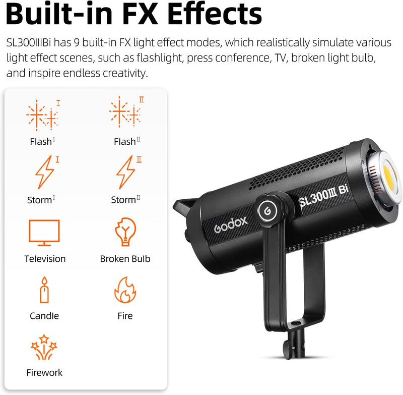 Godox SL300IIIBi 330W LED Continuous Output Lighting, 2800K-6500K Dual Color Temperature, 0%-100% Brightness Adjustment, App Control, Bowens Mount, Suitable for Studio, Still Life, Video Shooting