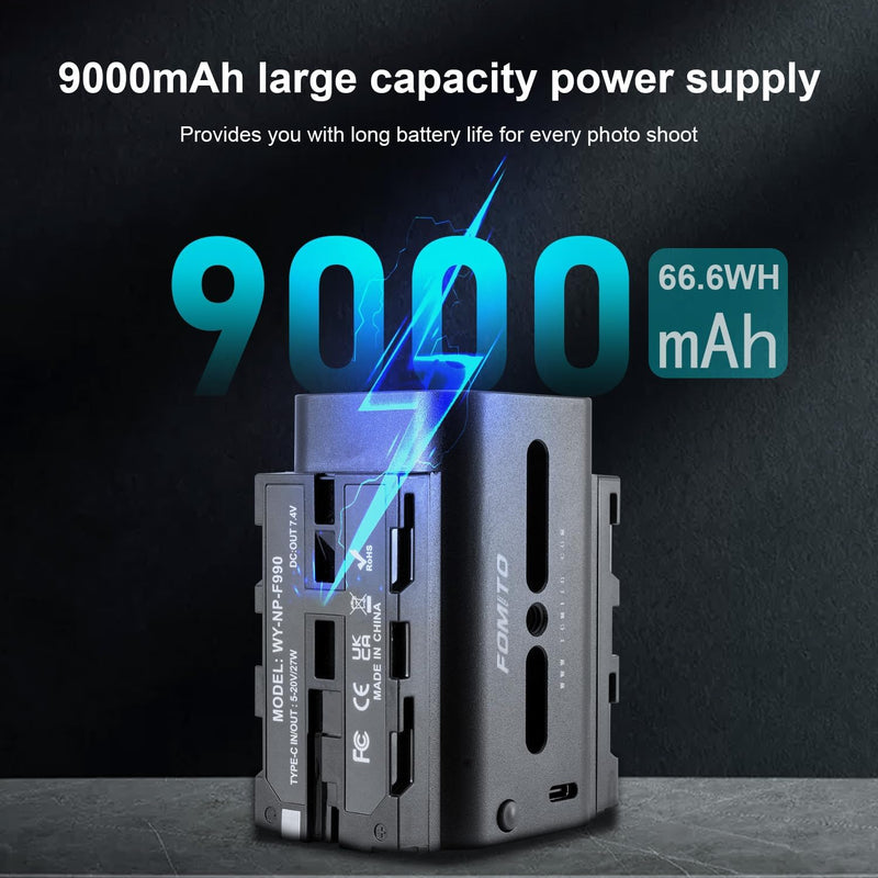 FOMITO Multifunctional NP-F Battery, Supports DC 7.4V 6A (Max) / Type-C 5-20V 27WV (Max) / Dual-Port NP-F Interface Output, Applicable to Monitors, LED Lights, Cameras etc