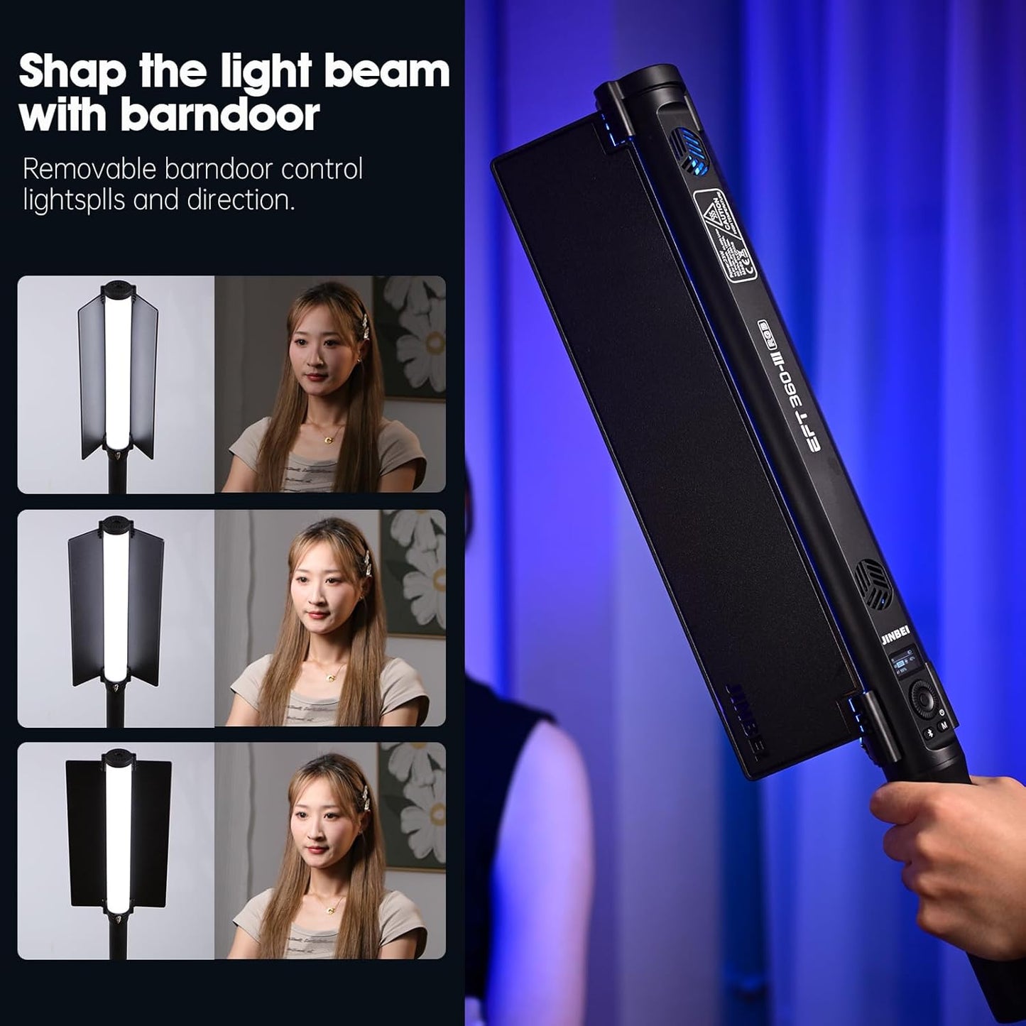 JINBEI EFT-360IIIRGB Handheld LED Light Stick, Light Wand Photography with APP Control & Metal Barndoor, Built-in 3000mAh Battery, 2000K-7500K, TLCI＞98, 26 FX Lighting Effects