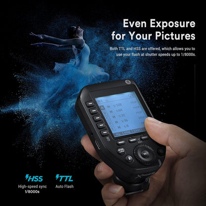 Godox XProII-F XProIIF TTL Wireless Flash Trigger for Fuji Cameras, 2.4G Wireless Flash Transmitter HSS 1/8000S, Bluetooth Connection, TCM Transform Function, New Hotshoe Locking, Large LCD Display