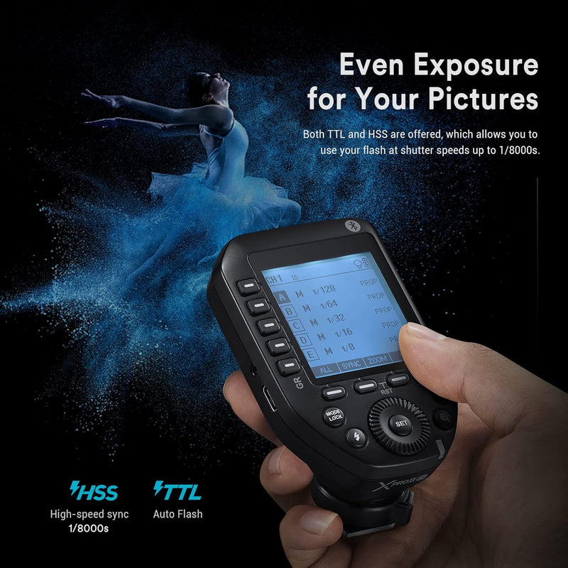 Godox XProII-F XProIIF TTL Wireless Flash Trigger for Fuji Cameras, 2.4G Wireless Flash Transmitter HSS 1/8000S, Bluetooth Connection, TCM Transform Function, New Hotshoe Locking, Large LCD Display
