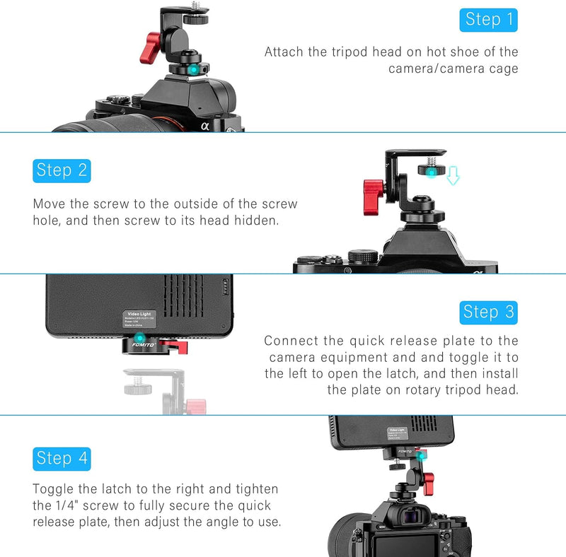 Fomito Quick Release Plate + Rotary Tripod Head for Camera DSLR, Field Monitor, LED Video Light, Microphone