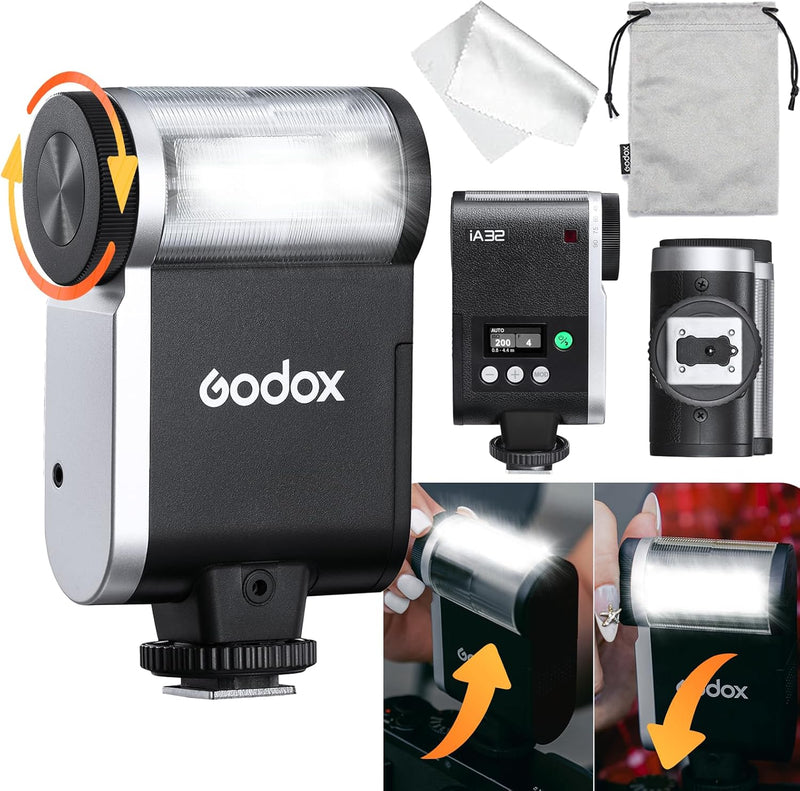 Godox Flash Godox iA32 Mini Camera Flash - Automatic Flash GN 15, 8 Power Levels/2.5sRecycle/490 Flash Times/Auto/Manual Modes,Mini Flash forCanon/Nikon/Sony/FujiCameras(Not Compatible for Sony ZV-1F)