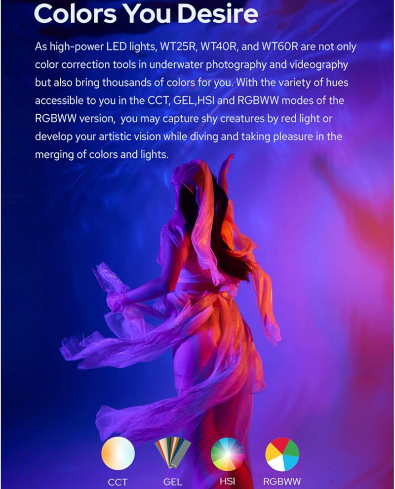Godox WT60R 64CM RGB Dive Light Stick Waterproof Light Wand, 40m IP68 LED Video Light 37 FX Light Effects CCT 1800K-10000K TLCI≥96 CRI≥96 Bluetooth Control for Underwater Photography Videography