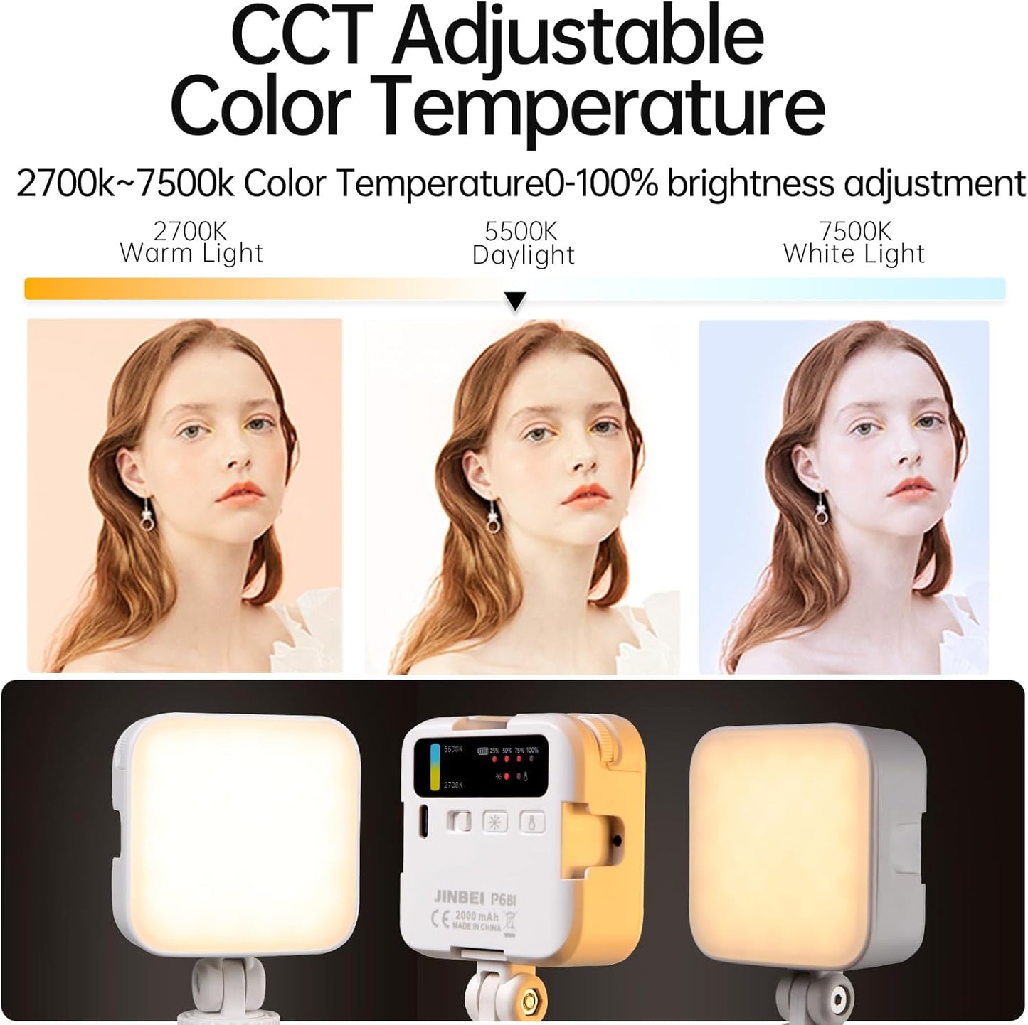 JINBEI P6 Bi-Color Mini Video Light LED Camera Light 2700K-7500K with 4 Cold Shoe Mount CRI 95+ 2000mAh Rechargeable Portable Photography Lighting for Vlog Live Streaming （White）