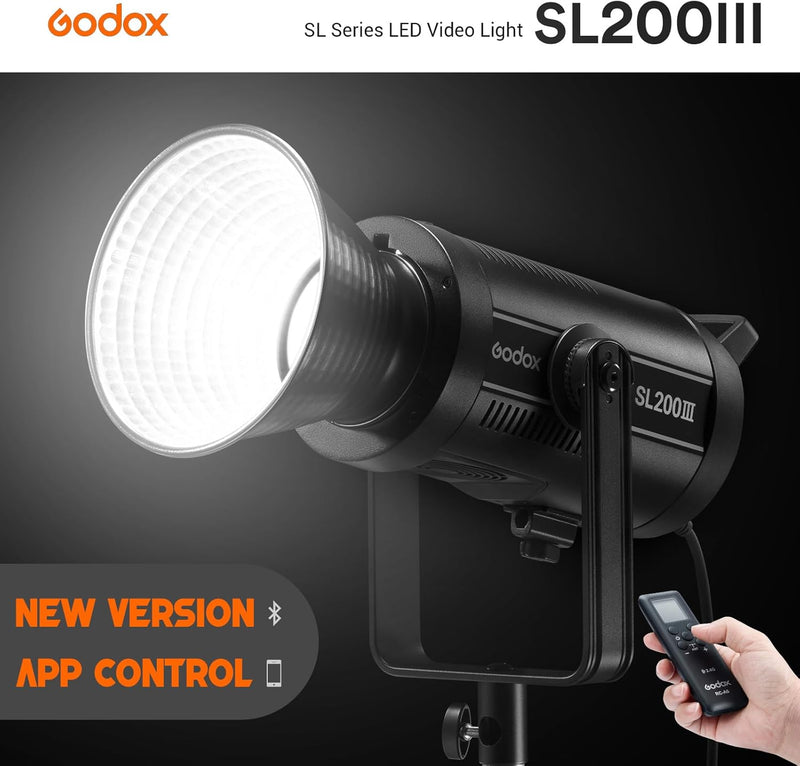 Godox SL200III Daylight LED Video Light, 200W 95600Lux @1M CRI 96+TLCI 97+ Bowens Mount LED Continuous Light, Professional Studio Light with 8 FX Effects&Silent Mode&RC-A6 Remote