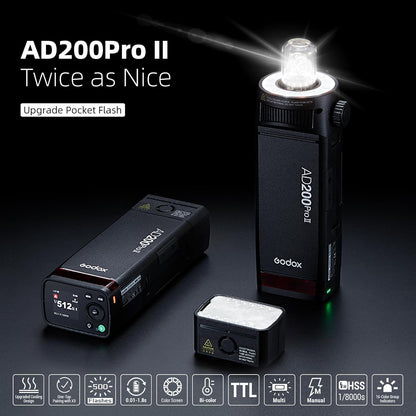 GODOX AD200 Pro II AD200Pro II Strobe Flash, TTL 200W Pocket Flash HSS 1/8000s, One-Tap Wireless Sync, Enhanced Color Screen, Photography Lighting for Canon, Sony, Nikon, Fuji, Olympus, Panasonic