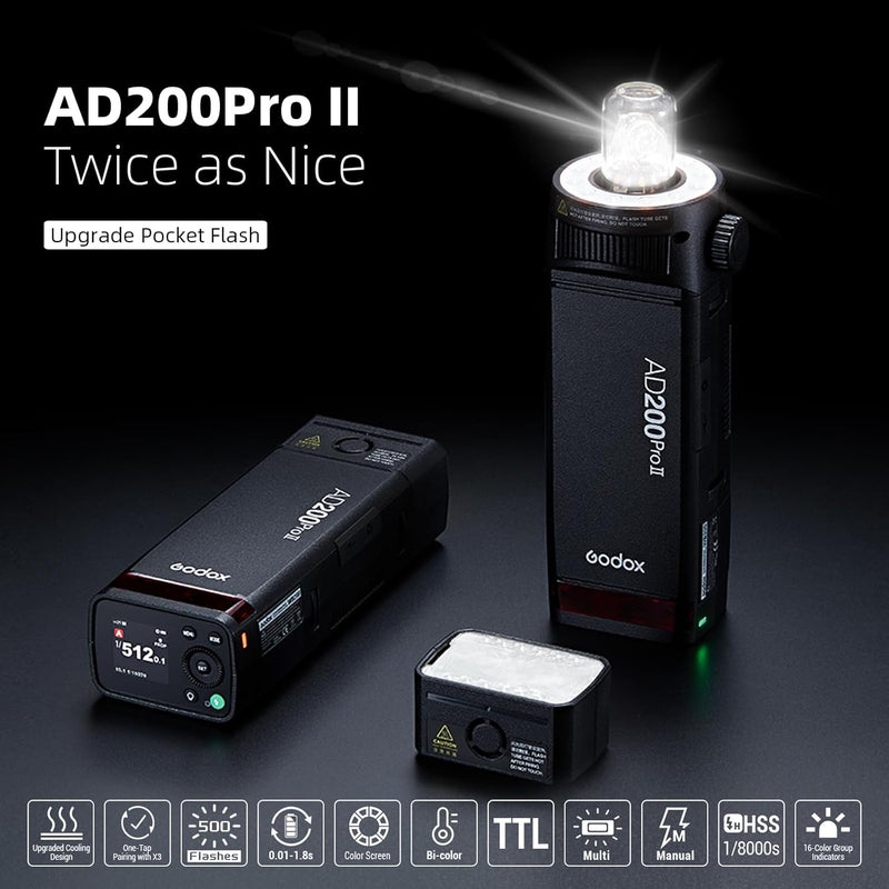 GODOX AD200 Pro II AD200Pro II Strobe Flash, TTL 200W Pocket Flash HSS 1/8000s, One-Tap Wireless Sync, Enhanced Color Screen, Photography Lighting for Canon, Sony, Nikon, Fuji, Olympus, Panasonic