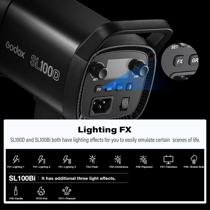 Godox SL100D Video Light Daylight 100W with RC-A6 Remote 5600K 32100 Lux CRI 96+ TLCI 97+ 8 Light FX Bowens Mount COB LED Continuous Light(SL100-D)