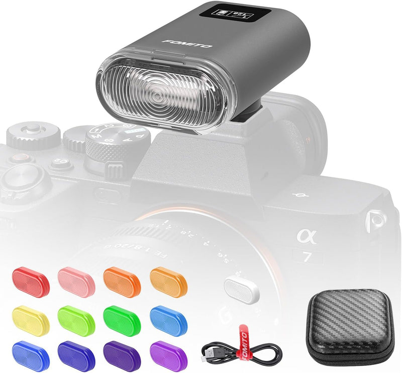 Fomito F10 / F12 Mini Flash Camare Flash, 3.7V Built-in Lithium Battery, GN10 / GN12 with 8 Levels Flash Power, CCT 5600K for Fuji, for Canon, for Nikon, for Sony, for Olympus Camera (FMT-F12-grey)