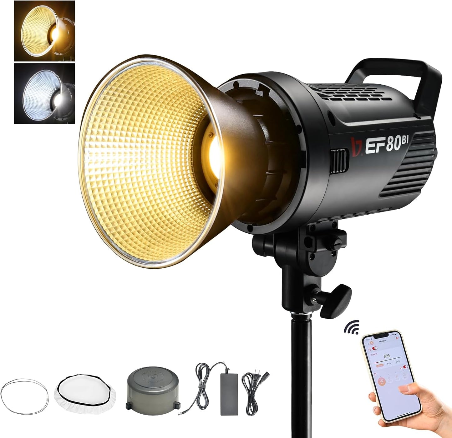 JINBEI EF-80BI 80W COB Bi-Color LED Video Light, Bi-Color 2700K-6500K Continuous Light Bowens Mount Handheld Spotlight, CRI97+/TLCI98+, 9 Lighting Effects, Bluetooth APP Control
