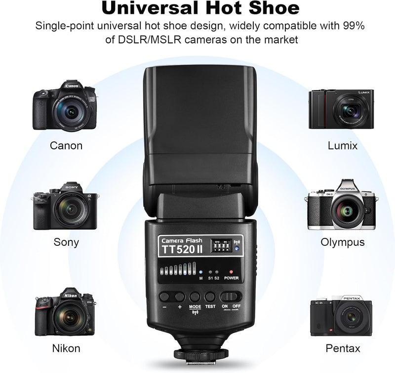 GODOX TT520 II Universal On-Camera Flash Speedlite with AT-16 Wireless Trigger Transmitter GN33 S1/S2 Modes Compatible for Canon Nikon Pentax Olympus Fujifilm Panasonic DSLR Cameras with Hot Shoe
