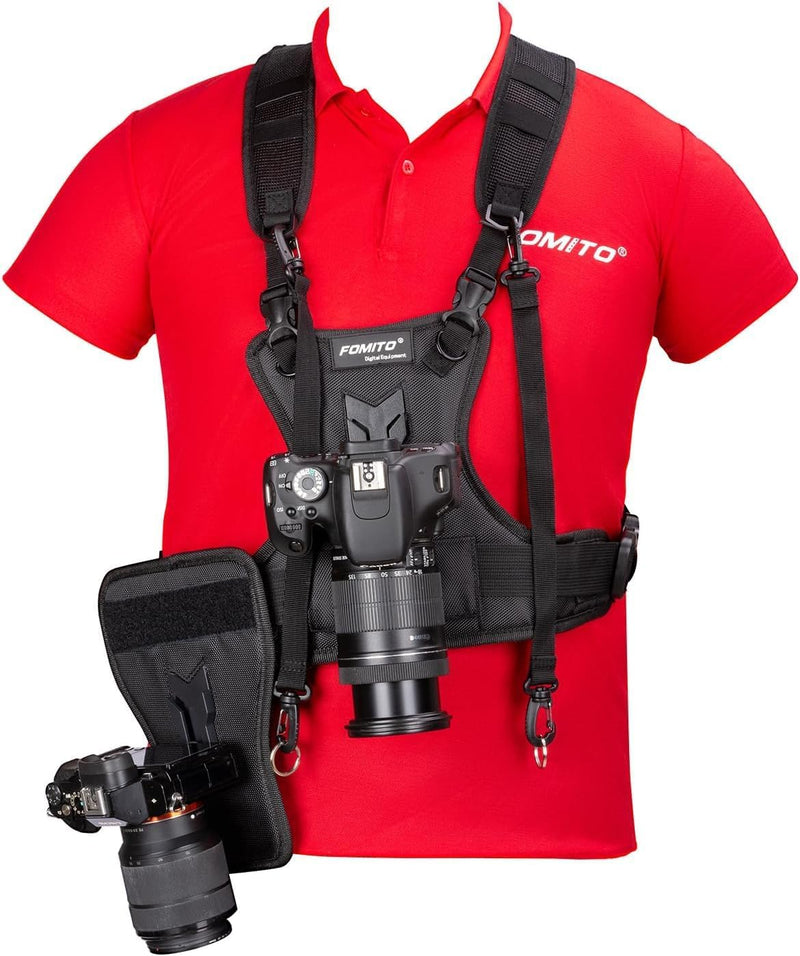 Fomito Dual Camera Harness, Multi Carrying Radio Chest Vest System with Side Holster for Canon 6D 600D 5D2 5D3 for Nikon D90 for Sony A7S for Panasonic for Olympus DSLR Cameras Climbing Wedding Travel
