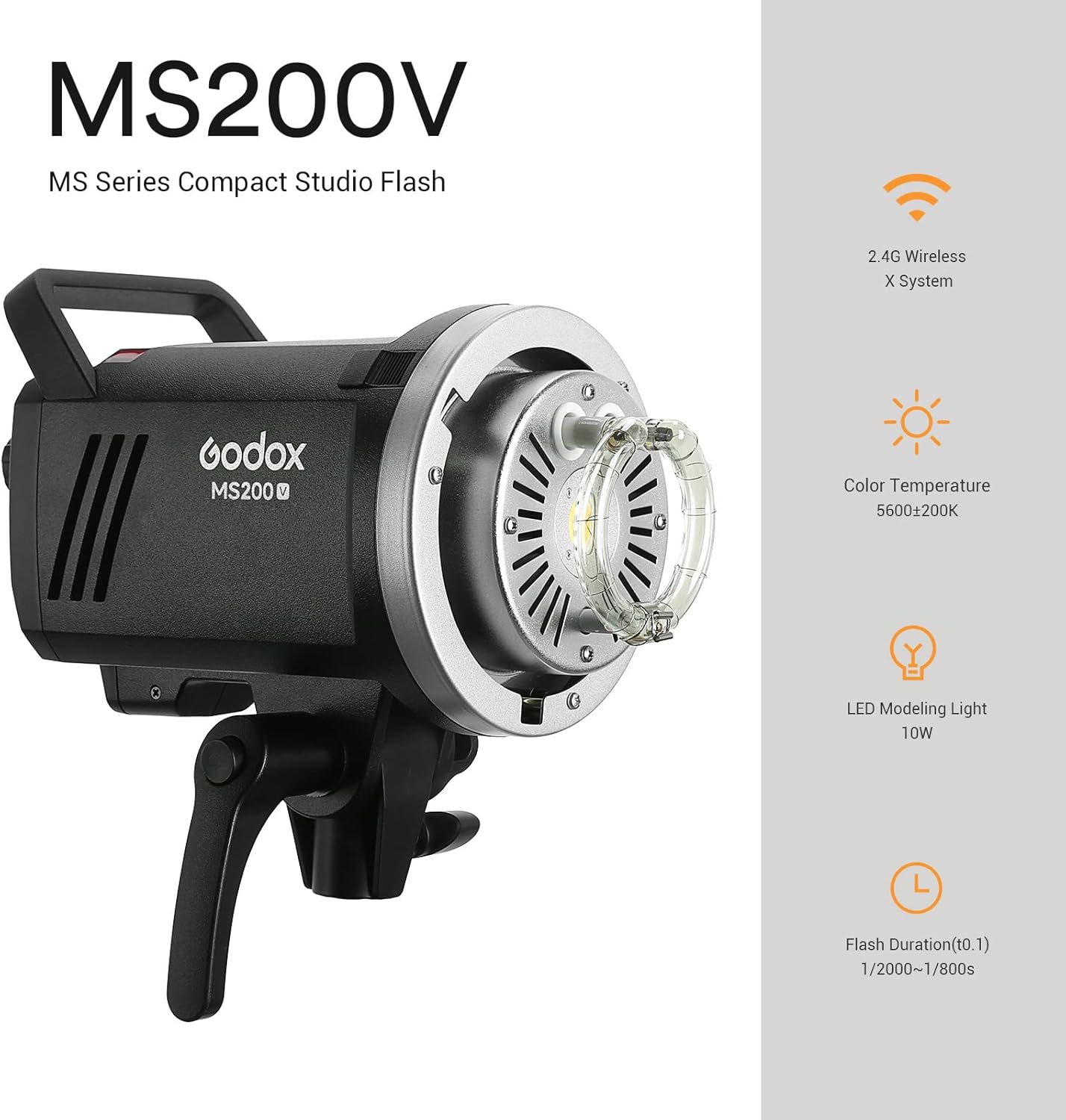 Godox MS200V MS200-V Studio Strobe Flash Light, 200W 110V 2.4G Compact Photography Flash, 10W LED Modeling Lamp, Bowens Mount Monolight for Wedding, Portrait, Product, Studio Shooting