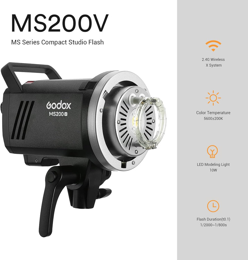 Godox MS200V MS200-V Studio Strobe Flash Light, 200W 110V 2.4G Compact Photography Flash, 10W LED Modeling Lamp, Bowens Mount Monolight for Wedding, Portrait, Product, Studio Shooting