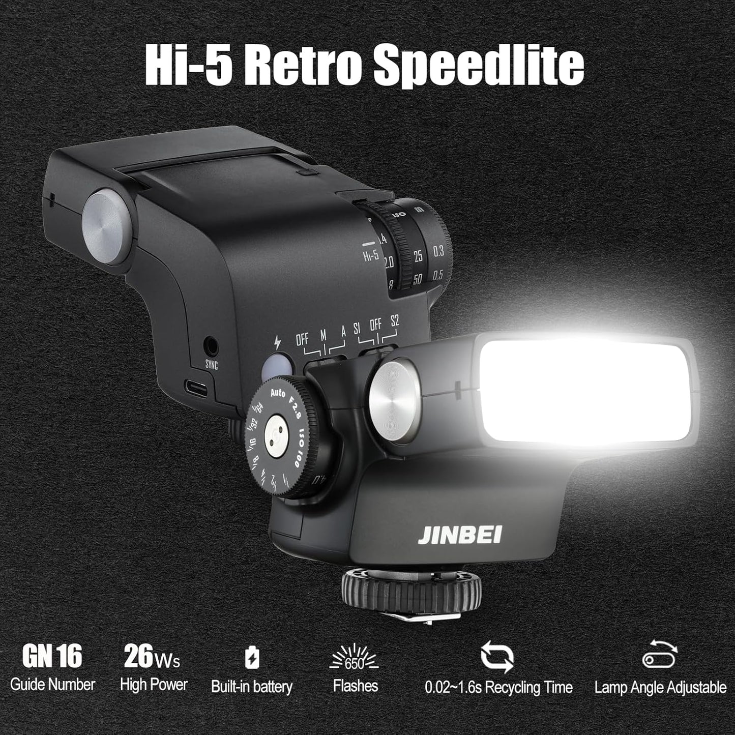 Hi5 Retro Camera Flash with Adjustable Head & Built-in 2500mAh Li-ion Battery, GN16 6000K±200K, S1/S2 Modes, for Sony/Canon/Nikon/Fuji/Olympus Hot Shoe Cameras for Beginners