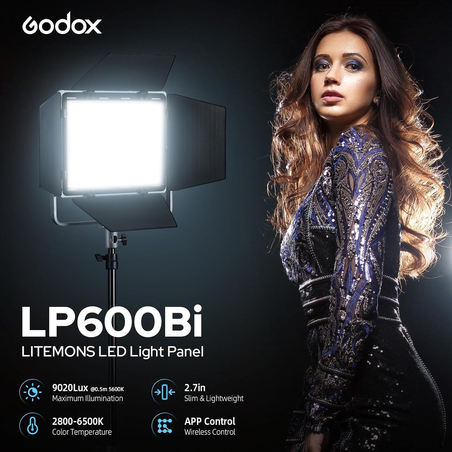 Godox LP600Bi Bicolor LED Video Light with Barndoor, 60W 2800K-6500K 9020Lux LED Panel Light with 11 FX Effects APP Control CRI/TLCI 96+ Dimmable 0-100% Studio Soft Light for Photography