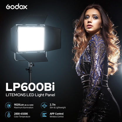 Godox LP600Bi Bicolor LED Video Light with Barndoor, 60W 2800K-6500K 9020Lux LED Panel Light with 11 FX Effects APP Control CRI/TLCI 96+ Dimmable 0-100% Studio Soft Light for Photography