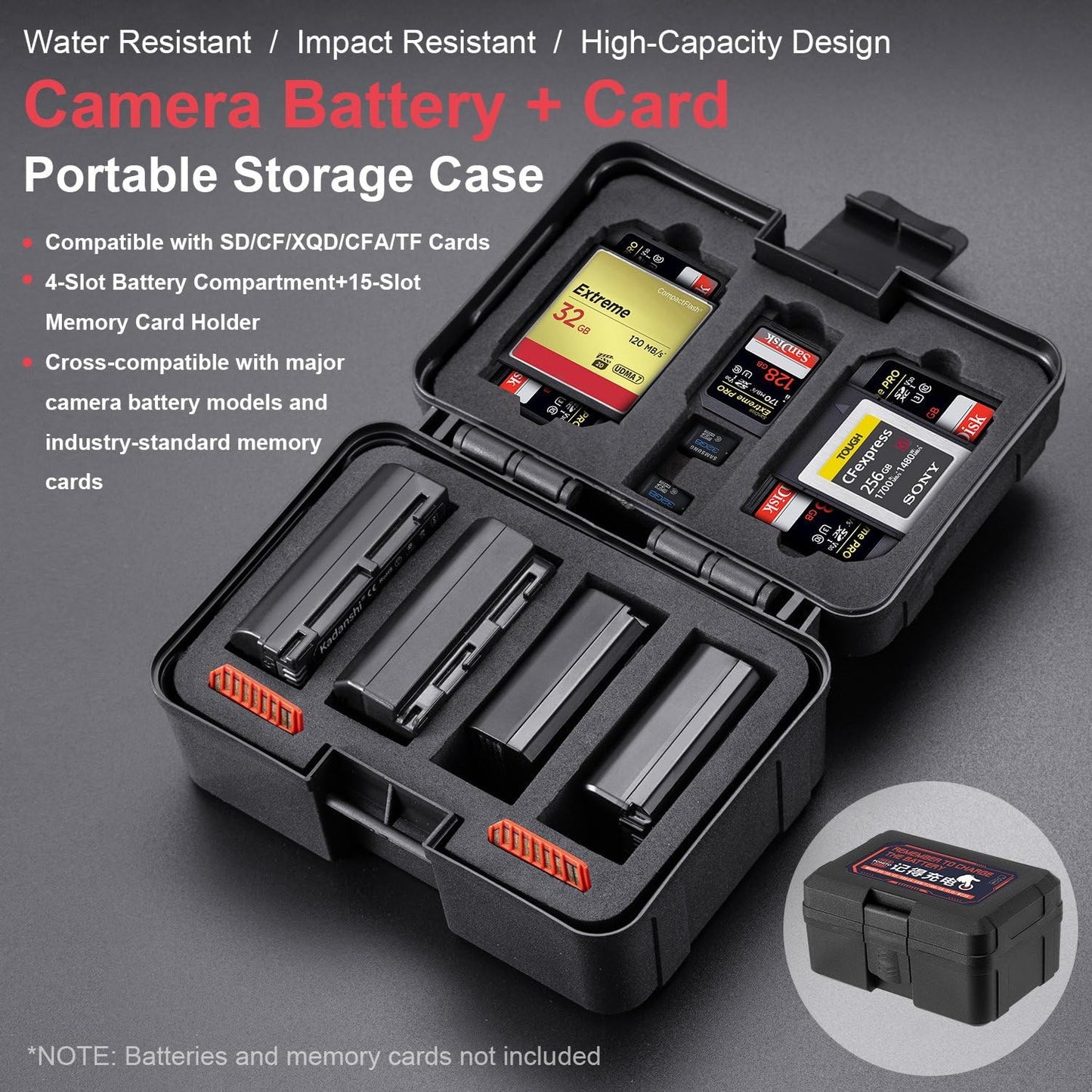 FOMITO Camera Battery Case & Memory Card Organizer - Holds 7 SD Cards 2 CFast 2 CF 2 Micro SD 2 XQD - Water-Resistant Shockproof Hard Shell Storage Box (Cold Gray Blue)