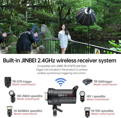 DMII-3 300W Studio Flash 5500K±200K 2.4G Wireless Strobe Flash Light Monlight with 15W LED Modeling Light，Bowens Mount,0.1～1.8S Recycle Time Easycap Mode,for Studio Portrait Commerce Photography