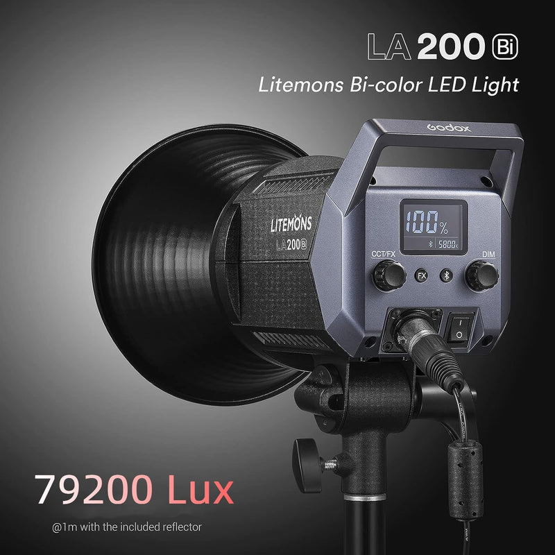 Godox LA200Bi Bicolor LED Video Light, 210W 2800K-6500K 79200Lux Bowens Mount Led Light, CRI 96+ 11 FX Effect 0-100% Dimming, APP Control, for Film Shooting, Wedding, TV Interviews