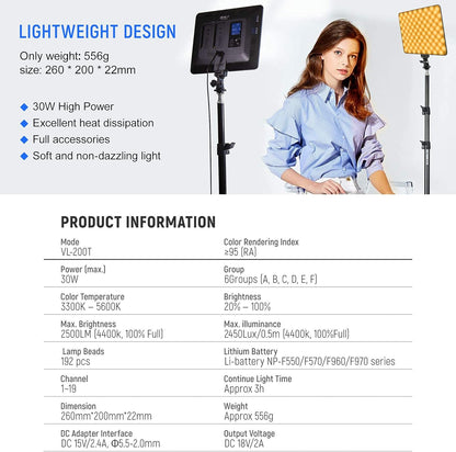 VILTROX 2 Packs LED Video Light kit with Light Stand and Wireless Remote, 30W/2450Lux Dimmable 3300K-5600K LED Panel Lights CRI 95+ for Photography Video Portrait Conference Vlog Streaming（VL-200T）