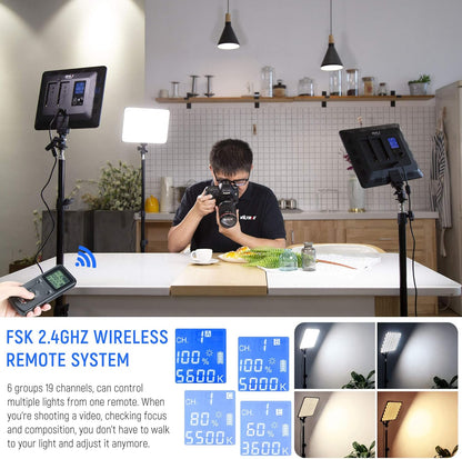 VILTROX 2 Packs LED Video Light kit with Light Stand and Wireless Remote, 30W/2450Lux Dimmable 3300K-5600K LED Panel Lights CRI 95+ for Photography Video Portrait Conference Vlog Streaming（VL-200T）
