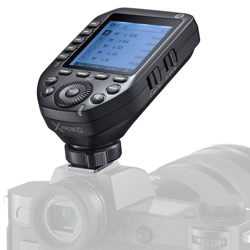 Godox XProII-C TTL Wireless Flash Trigger Compatible for Canon Cameras, 2.4G Wireless Flash Transmitter HSS 1/8000S,Bluetooth Connection, TCM Transform Function, New Hotshoe Locking, Large LCD Display