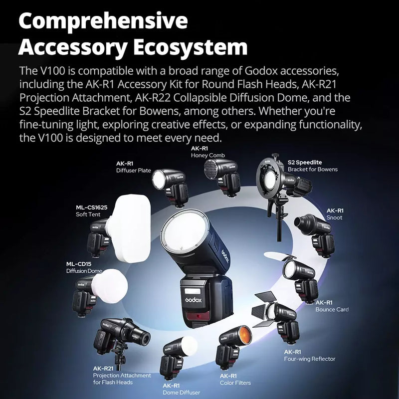 Godox V100C V100S V100N V100F V100O 100Ws TTL Round Head Camera Flash TouchScreen Speedlite for C/N/S/F/O