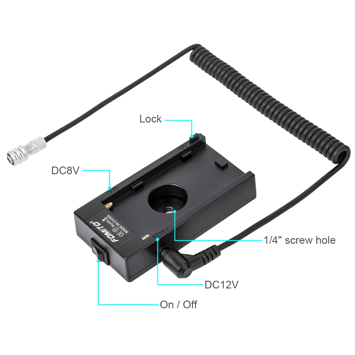 Fomito NP-F970 F960 F750 F770 F550 Battery Adapter with 4K DC2.1 Power Cable Replacement LP-E6