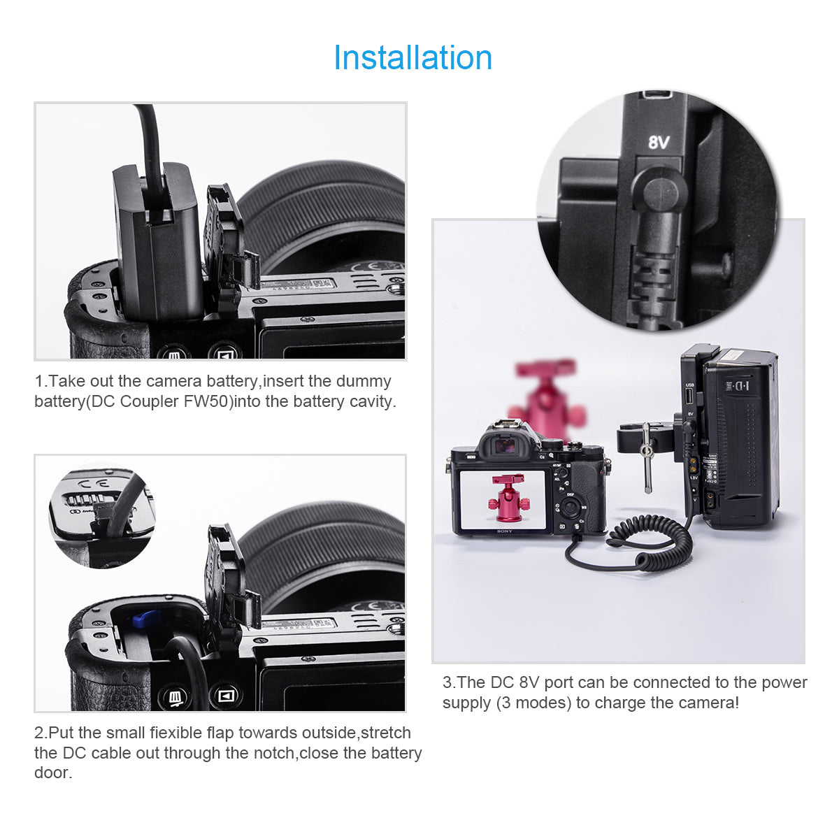 Fomito Sony FW50 Dummy Battery DC Port Fully decoded 8V for A7 A7R A7S A7R2 A6500 A5100 A3000 Nex5