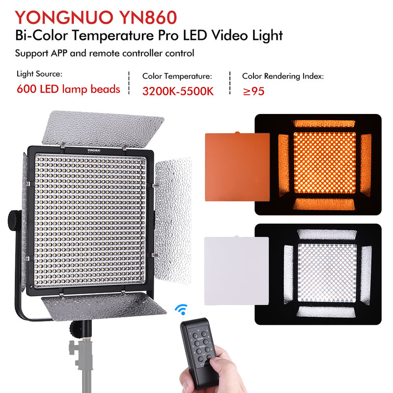 YONGNUO YN860 3200K-5500K Bi-Color Temperature Pro LED Video Light Fill Light CRI 95+ w/CT Filters Video Light