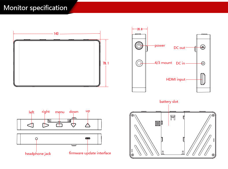 Desview S5 4K HDMI full HD monitor for A7 & 5D camera shooting 5.5 inch stylishly thin screen with 1920*1080
