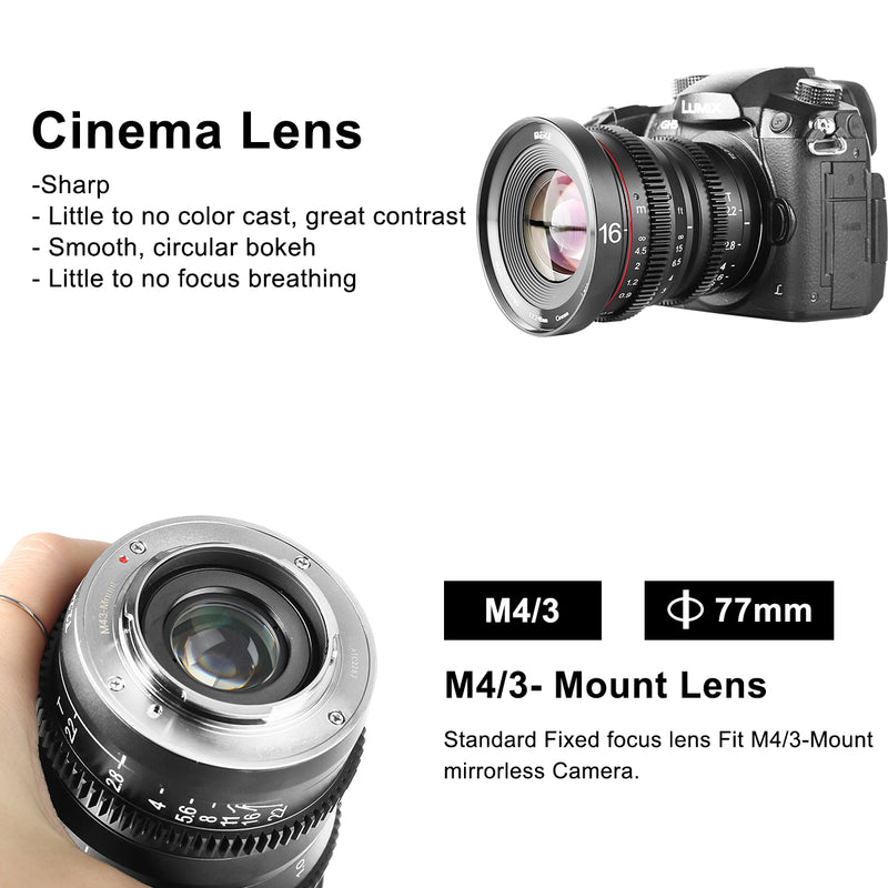 Meike 16mm T2.2 Manual Focus Cinema Lens Fit for M4/3 Min(OLYMPUS/Panasonic Lumix)