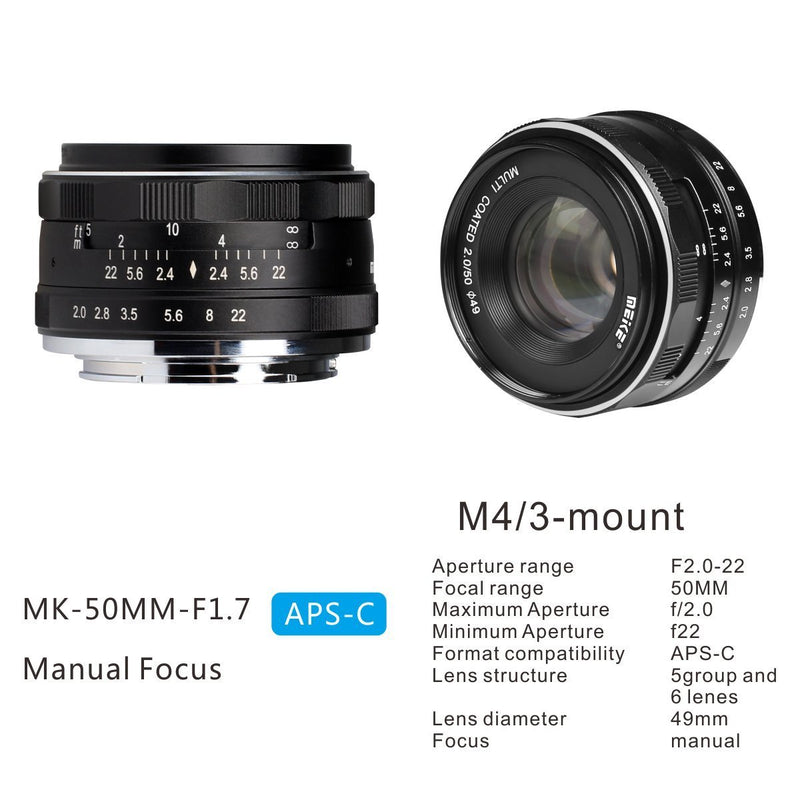 Meike 50mm f/2.0 Manual Focus Fixed Lens for Olympus M43 Digital Cameras ( EM1,M,M10,EP5,EPL3,PL5,PL6,PL7,PEN-7 etc) - FOMITO.SHOP