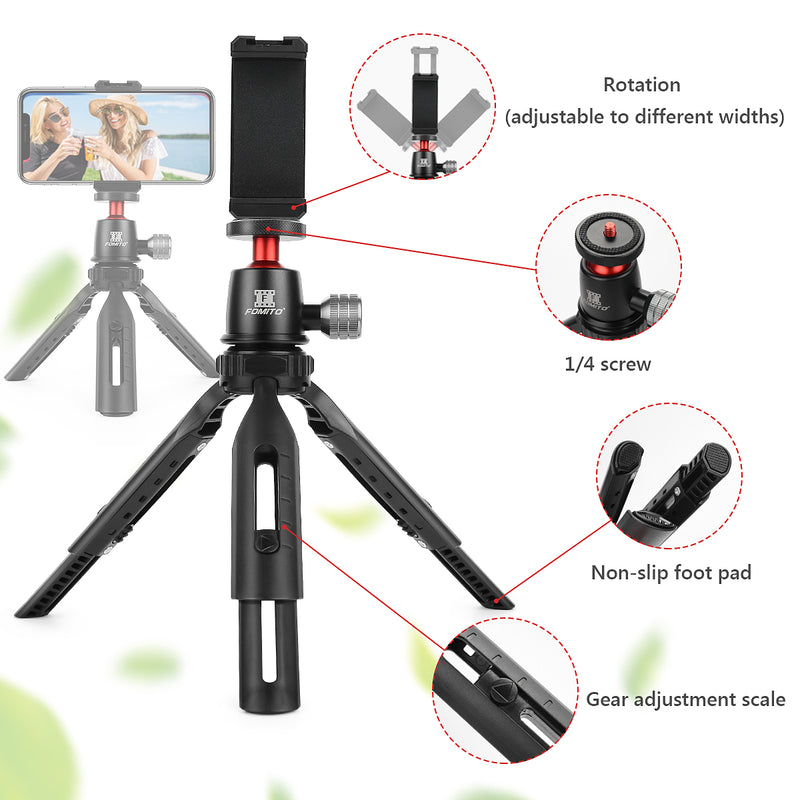 Fomito Mini Tripod Cell Phone Tripod Mini Selfie Stick Handle Grip with Ball Head and Phone Clip