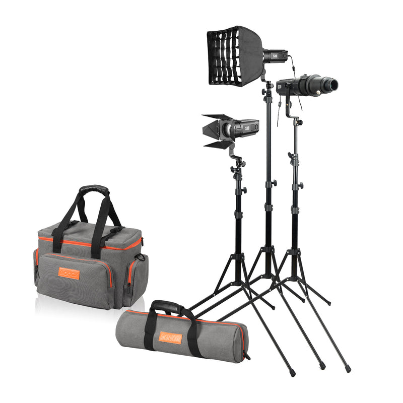Godox S30-D Three-light Kit Fresnel Focusing LED Spotlight 30W 3×heads Kit